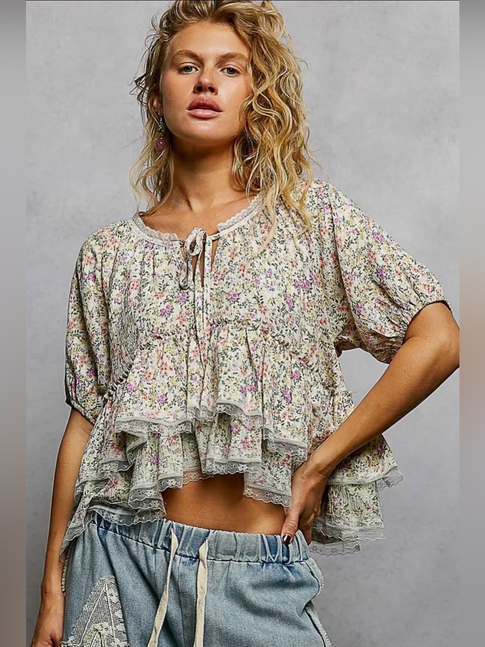 POL Tiered Floral Ruffle Tie-Front Blouse in Cream, Pink & Green